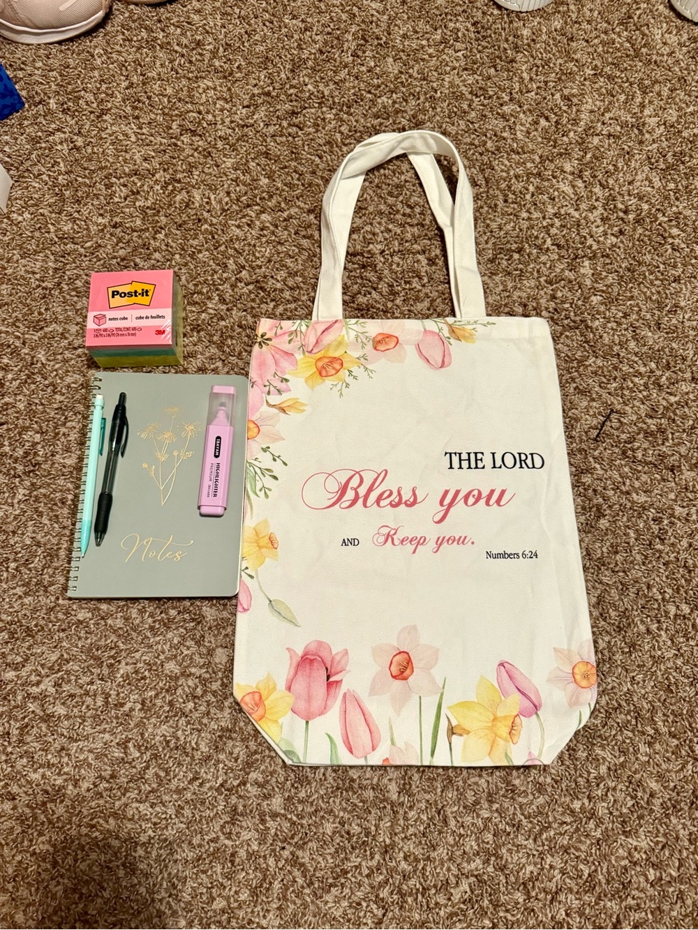 Bundle: Tote, Notebook, Writing Utensils, Post-It Notes
